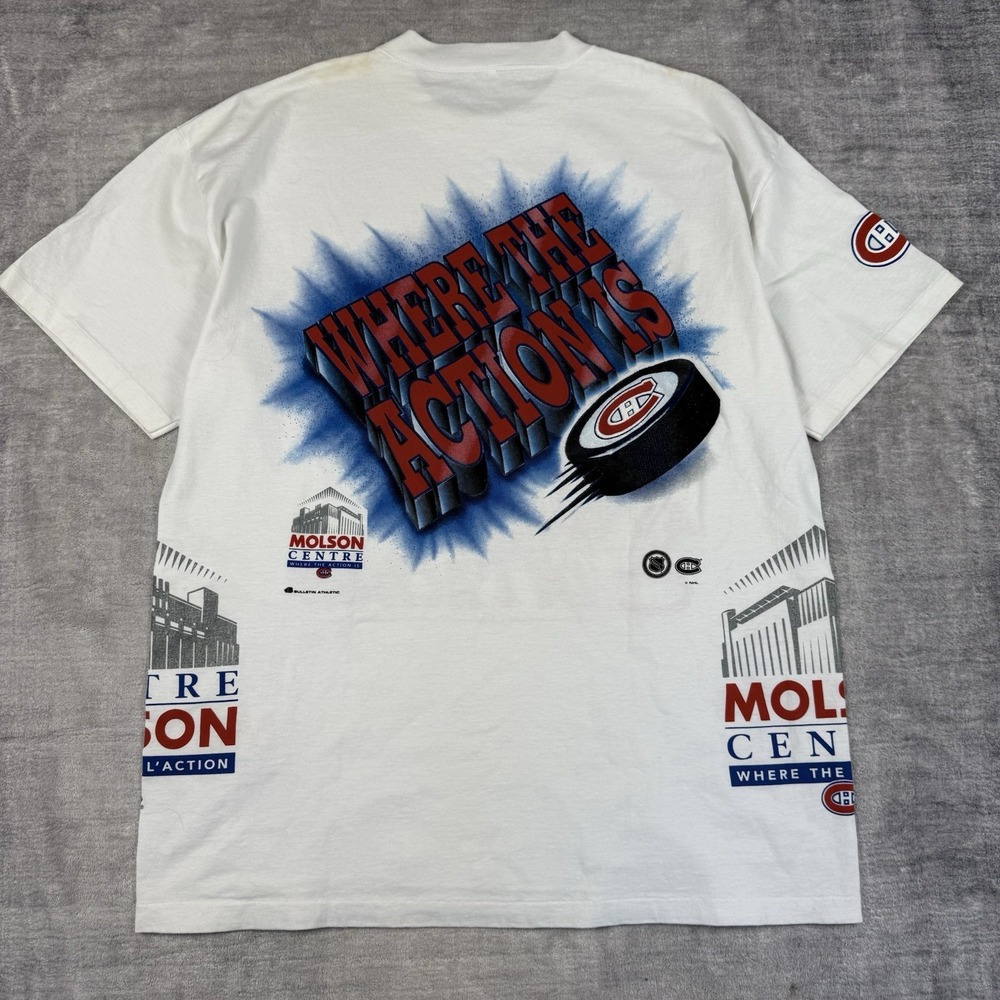 Vtg Montreal Canadiens Shirt Mens Large White 90s Bulletin Wrap Around AOP NHL - Picture 2 of 16